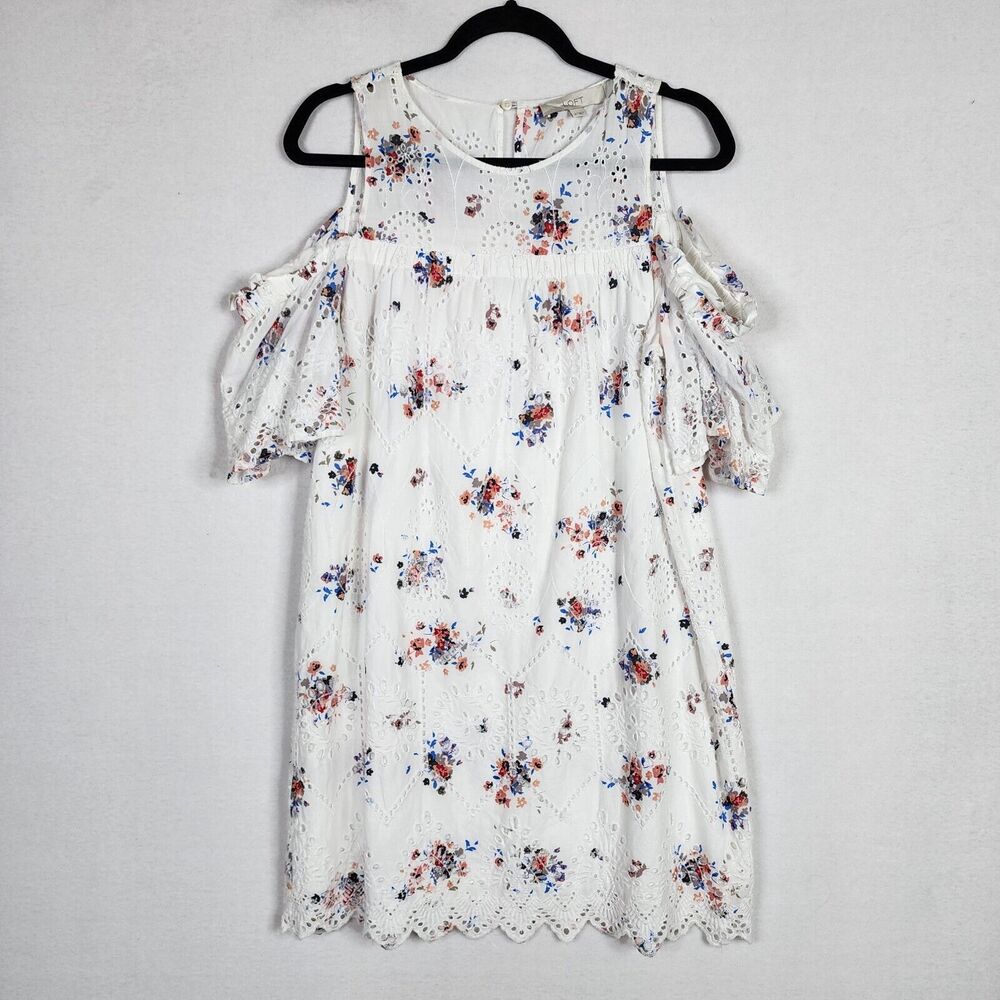 LOFT Floral Eyelet Lace Lined Cold Off Shoulder Shift White Dress Size M EUC
